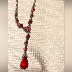 Givenchy Red Crystal Y Necklace Gunmetal 16"